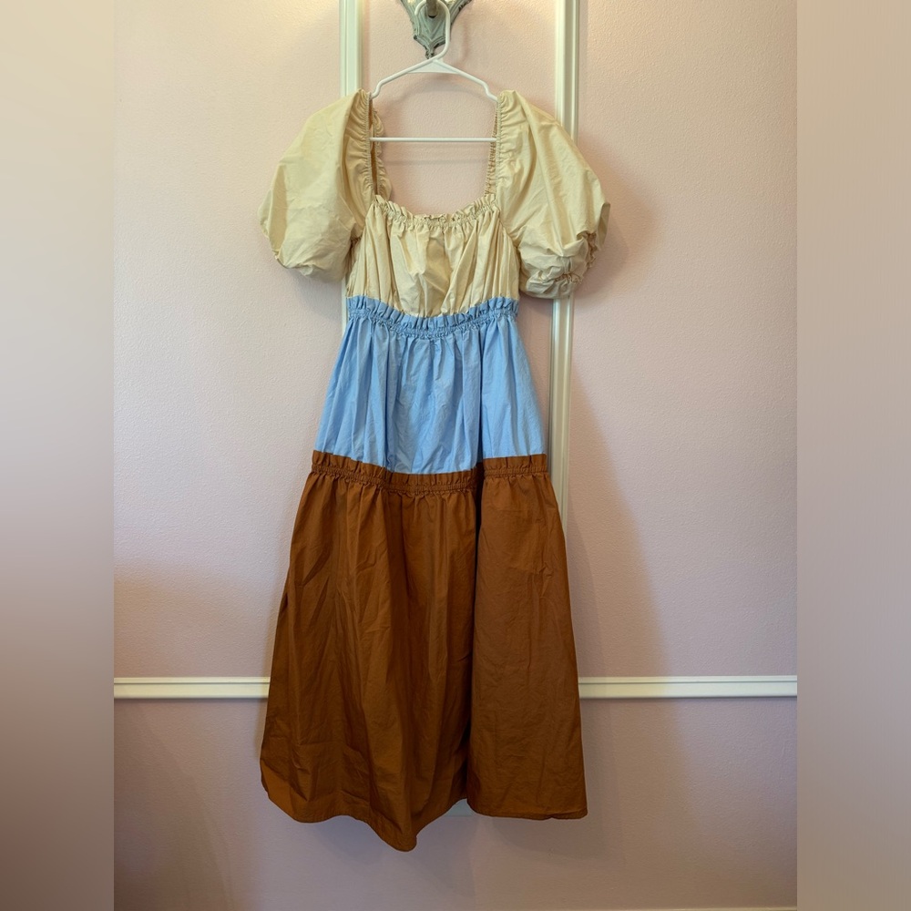 English Factory Color Block Puff Sleeve Maxi Dress
